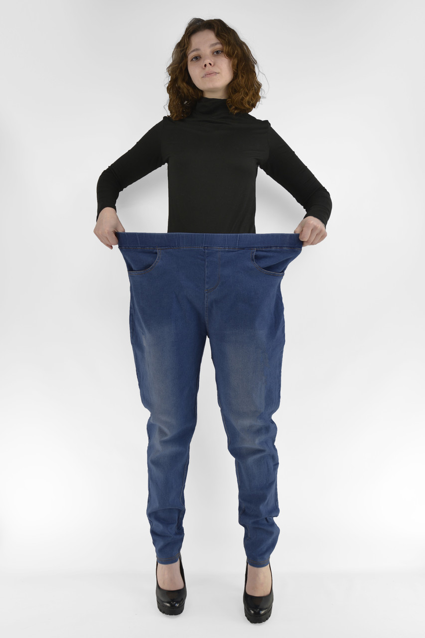Джинси жіночі з потертостями в дуже великих розмірах 8XL — 10XL Джегінси Ластівка — батал Темно-синій колір