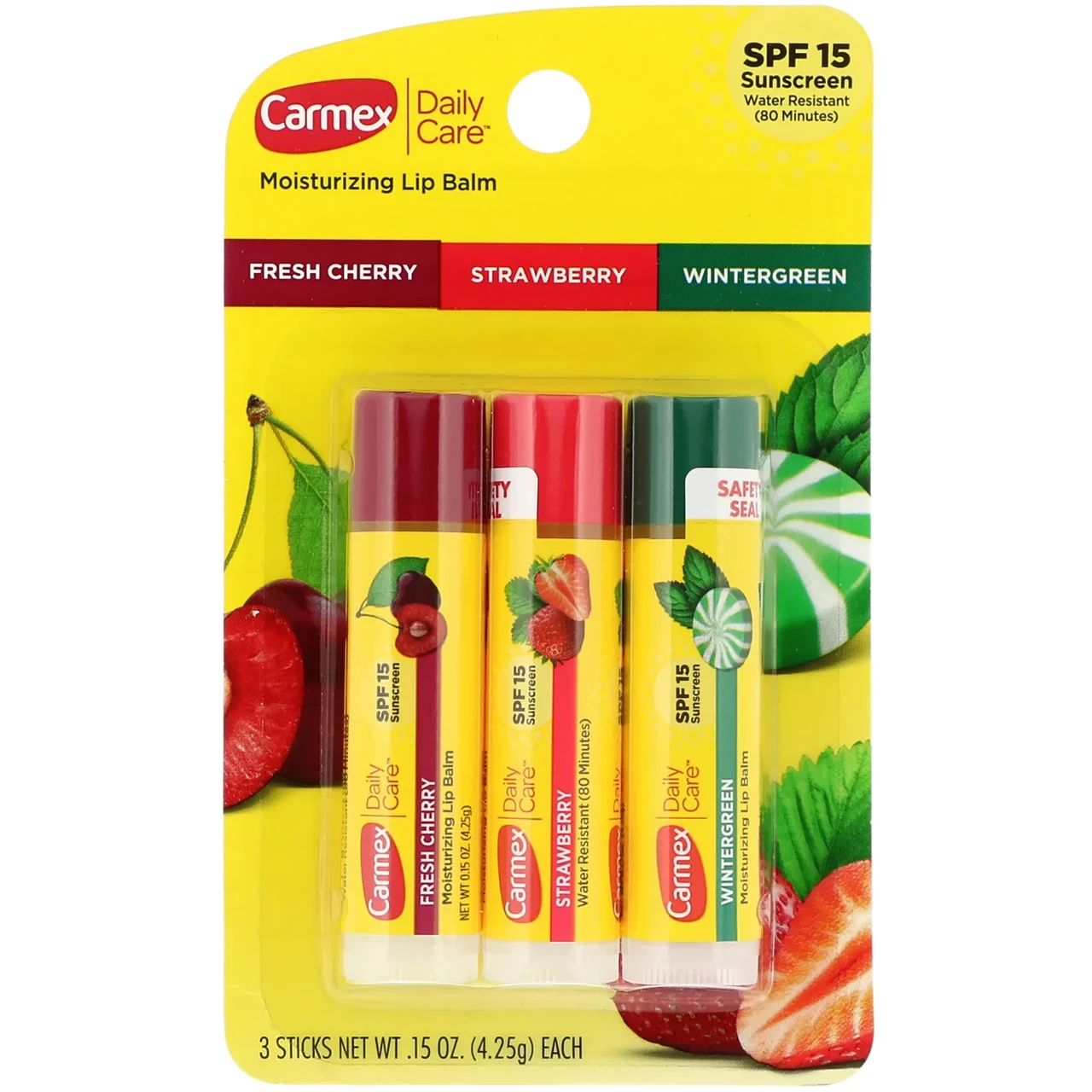 Carmex, Бальзам для губ для ежедневного ухода, SPF 15, ассорти, 3 упаковки, 0,15 унции (4,25 г) каждая Киев - фото 2 - id-p774863101