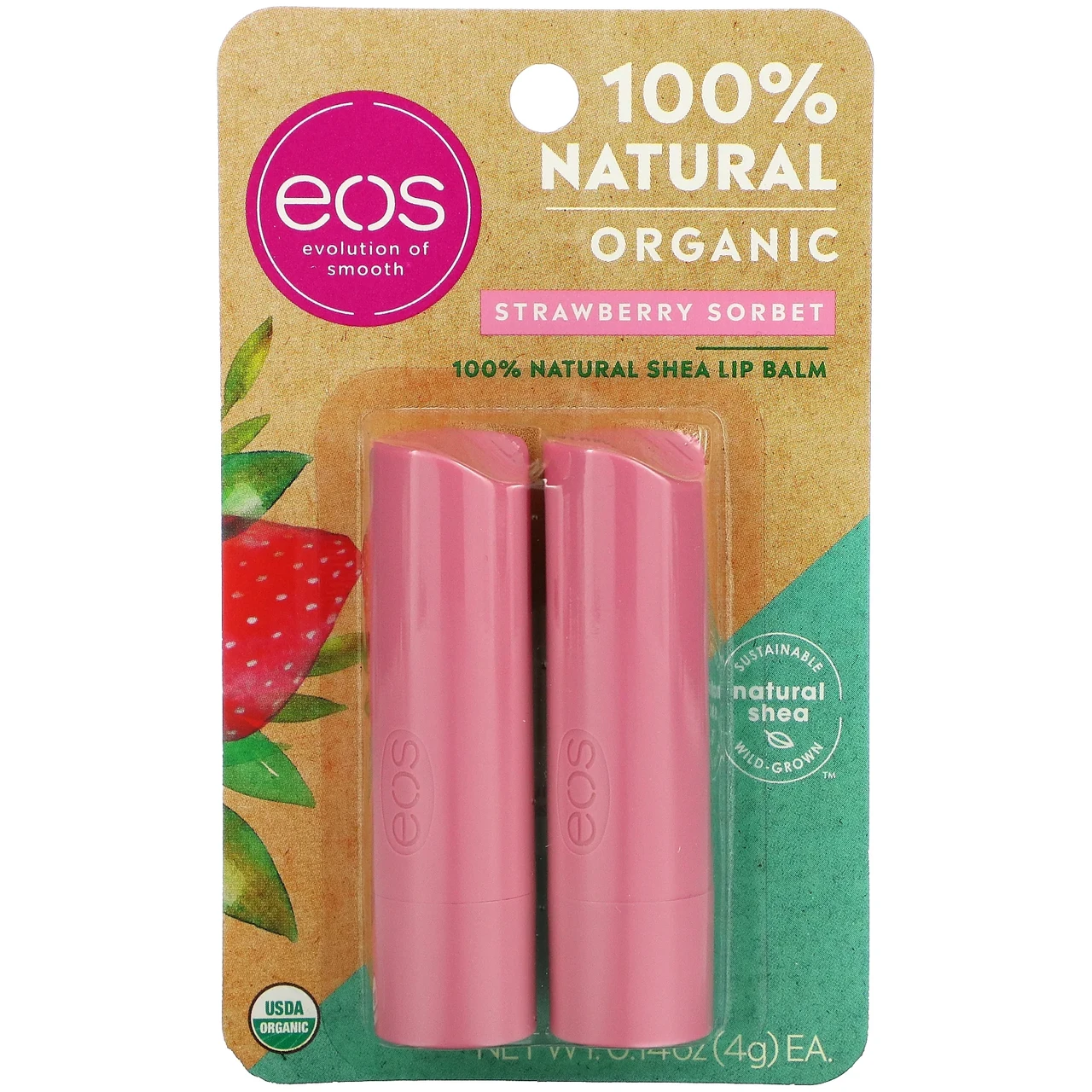 EOS, 100% органический натуральный бальзам для губ с маслом ши, клубничный сорбет, 2 шт. в упаковке, 4 г Киев - фото 2 - id-p558135917