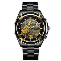 Классические механические мужские наручные часы Forsining 8130 Black-Gold-Black