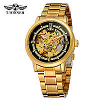 Классические механические мужские наручные часы Forsining 8173 Gold-Black Steel