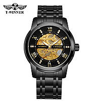 Класичний механічний чоловічий наручний годинник Forsining 8099 Black-Gold-Black