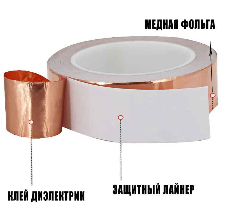 Медная фольга с диэлектрическим клеем 15мм длина 20 метров медный скотч лента - фото 3 - id-p1797175244