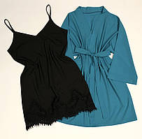 Бірюзовий лагідний халат+ чорний пеньюар з мереживом комплект двійка.