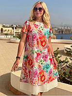 Платье для пляжа большие размеры 48 - 56 Лайма из натурального хлопка с цветочным принтом