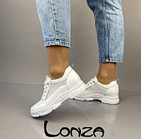 Женские кроссовки из натуральной кожи белого цвета вставка сетка на шнуровке Lonza