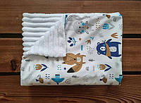 Детский плед из польского хлопка и мягкого плюша для дома, прогулок, в коляску, в кроватку BST Синий+Белый