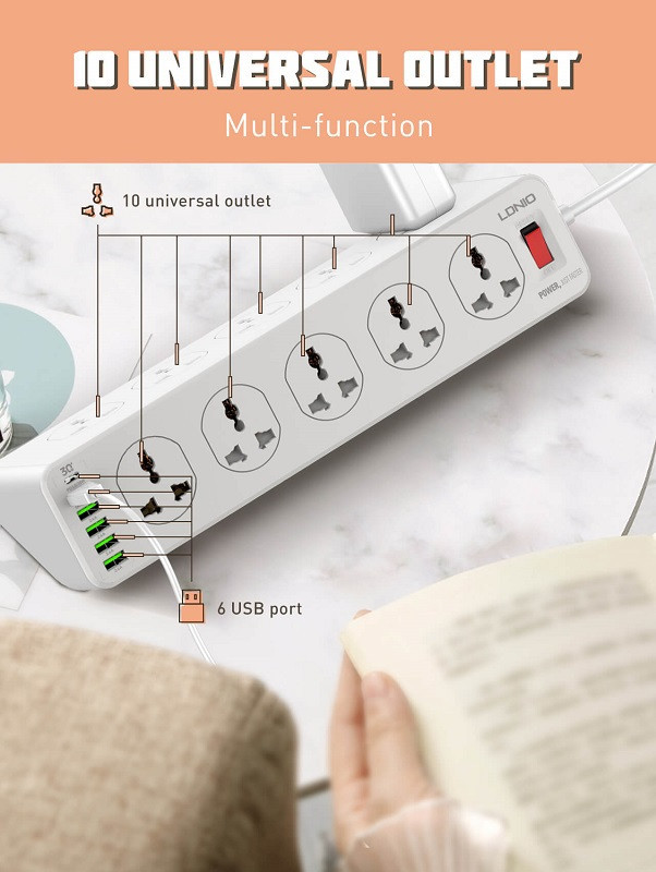 Купить Удлинитель сетевой LDNIO SC10610 5USB 10 розеток 2 м белый, цена ...