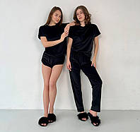 Пижама женская велюровая 3 в 1 костюм для дома S M L XL футболка шорты и штаны Черный L