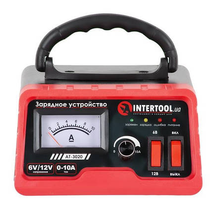 Зарядний пристрій 6/12 В, регулювання сили струму 0-10А, 230 В INTERTOOL AT-3020, фото 1