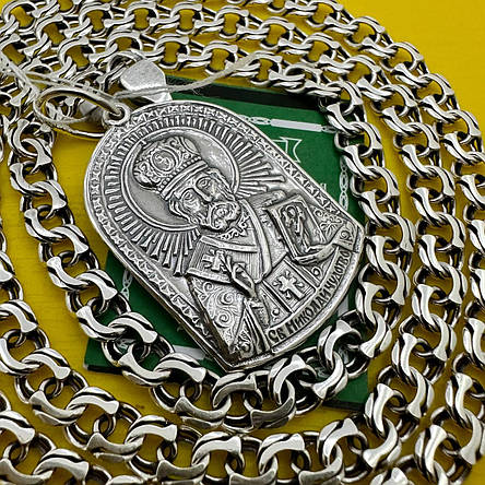 Комплект срібний Святий Миколай Чудотворець підвіс з ланцюжком бісмарк срібло 925 проби кулон ланцюг, фото 1