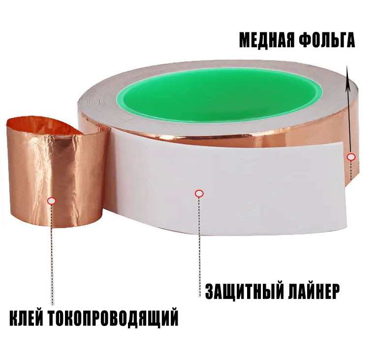 Медная фольга с токопроводящим клеем 30мм длина 20 метров медный скотч лента - фото 4 - id-p1797175483