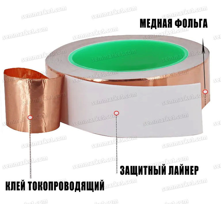 Медная фольга с токопроводящим клеем 30мм длина 20 метров медный скотч лента - фото 4 - id-p1797119804