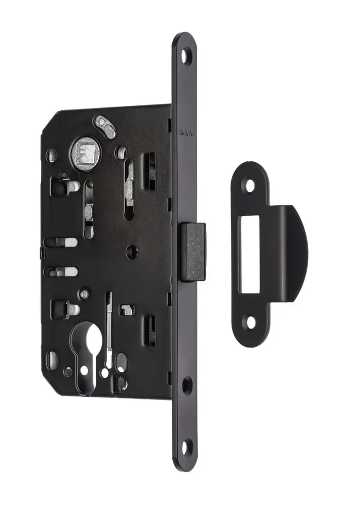 Замок врізний для міжкімнатних дверей під циліндр із пластиковим язичком Rich-art 410 PZ FB чорний матовий, фото 1