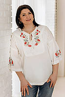 Стильна жіноча біла батистова блуза розшита різнокольоровими квітами №1726