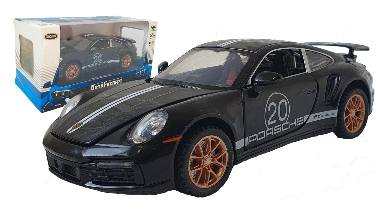 Іграшкова машинка металева Porsche 911 Turbo S АвтоЕксперт Порше, чорна, звук, світло, інерція, відкр. двері, капот, багажник,