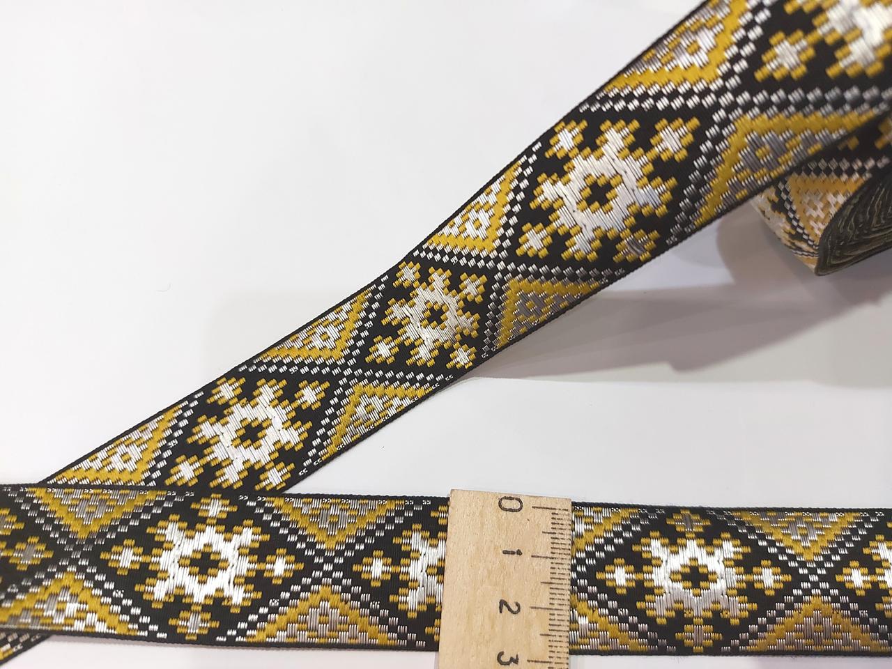 Тасьма декоративна з українським орнаментом жакардова орнаментом 30мм., Золотисто-чорна