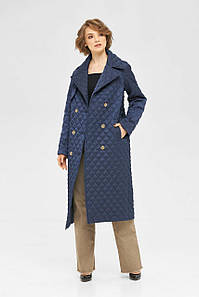 Плащ жіночий стьоганий з розкішним коміром з поясом двобортний синій