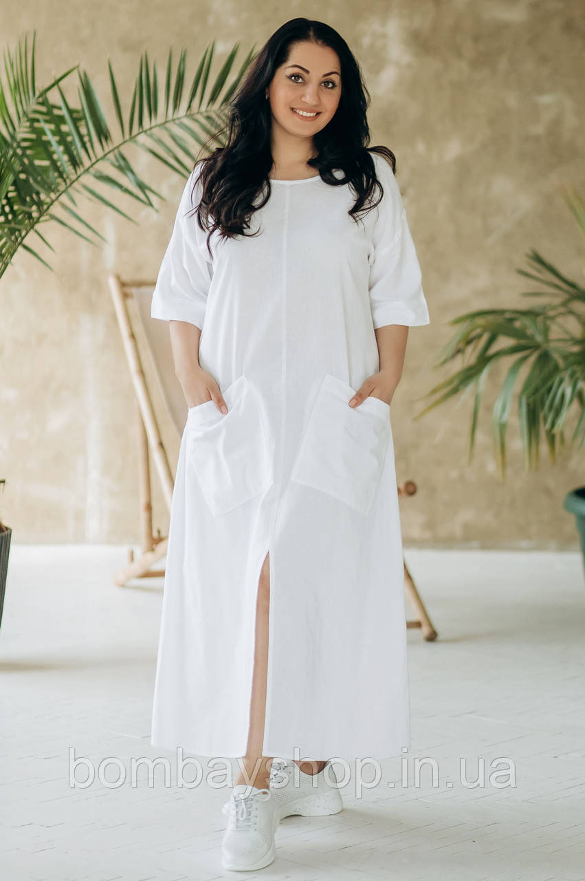 Стильна літня довга лляна біла сукня OVERSIZE з великими накладними кишенями №5008