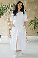 Стильна літня довга лляна біла сукня OVERSIZE з великими накладними кишенями №5008