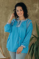 Елегантна жіноча яскраво-бірюзова штапельна блуза з вишивкою №5007