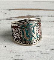 Этническое кольцо под серебро со сканью и эмалью Ом
