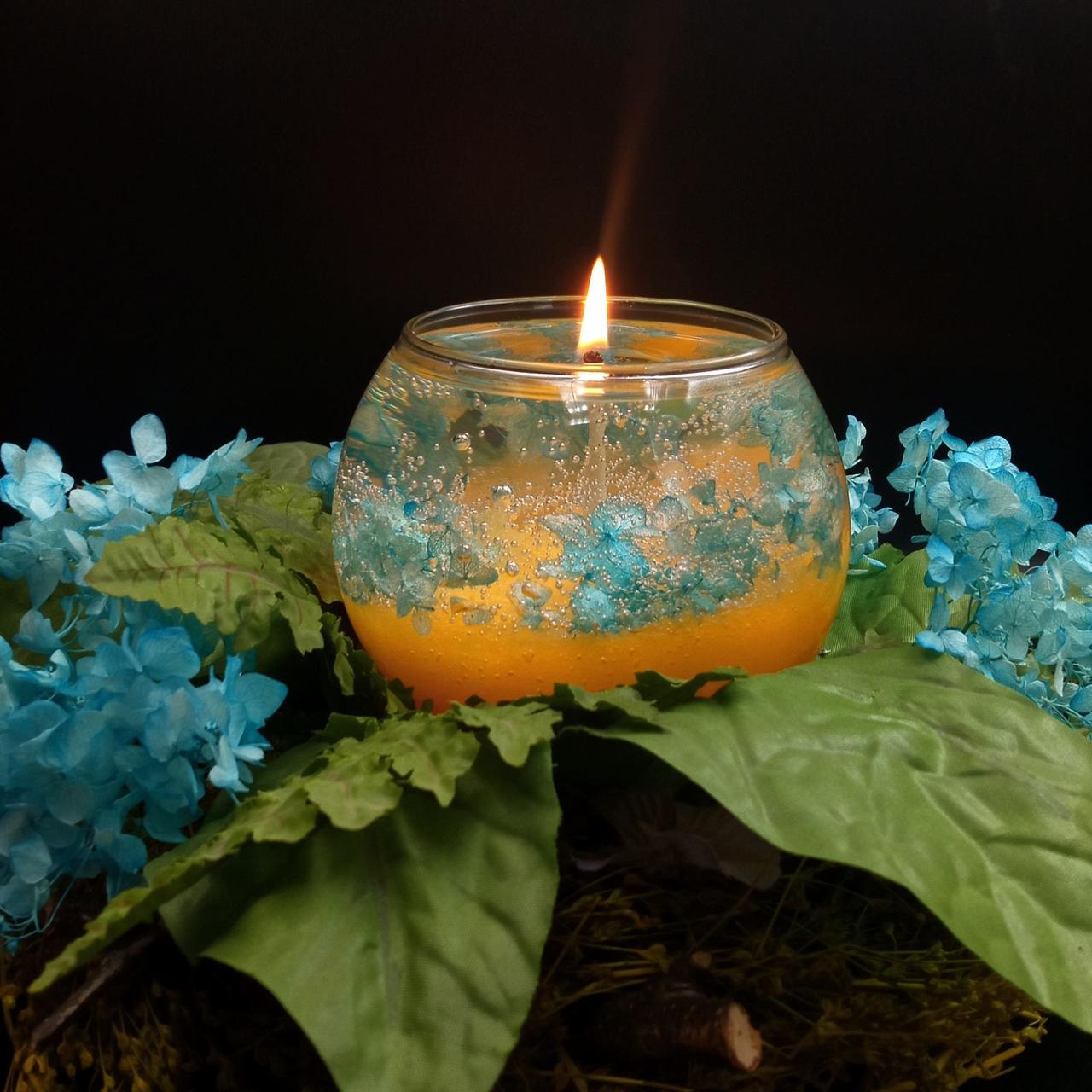 Декоративна гелева свічка Чародійка куля жовто-блакитна сухоцвіти, фото 1