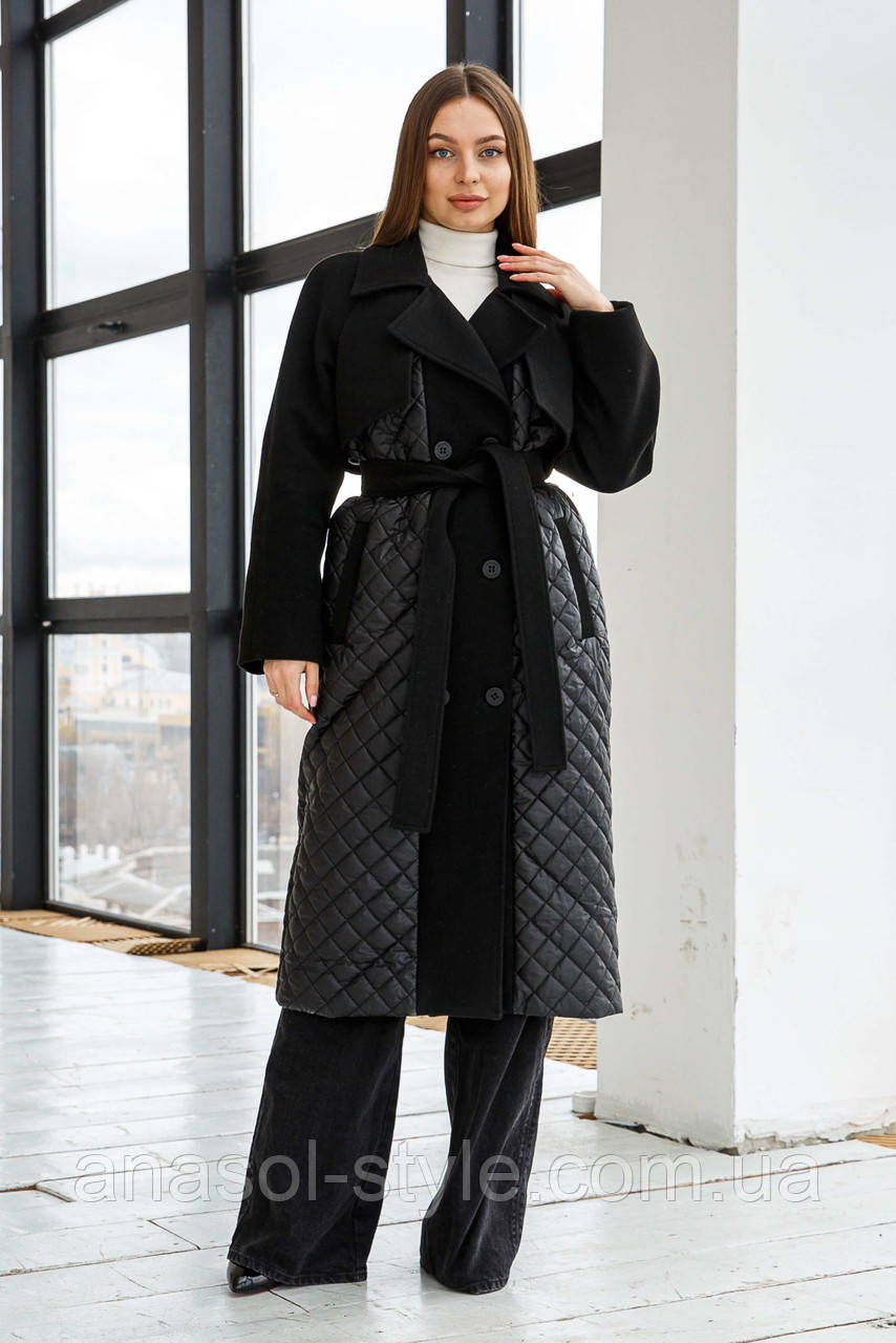 Пальто комбіноване демісезон з поясом елегантне стьогана тканина з кашеміром чорне