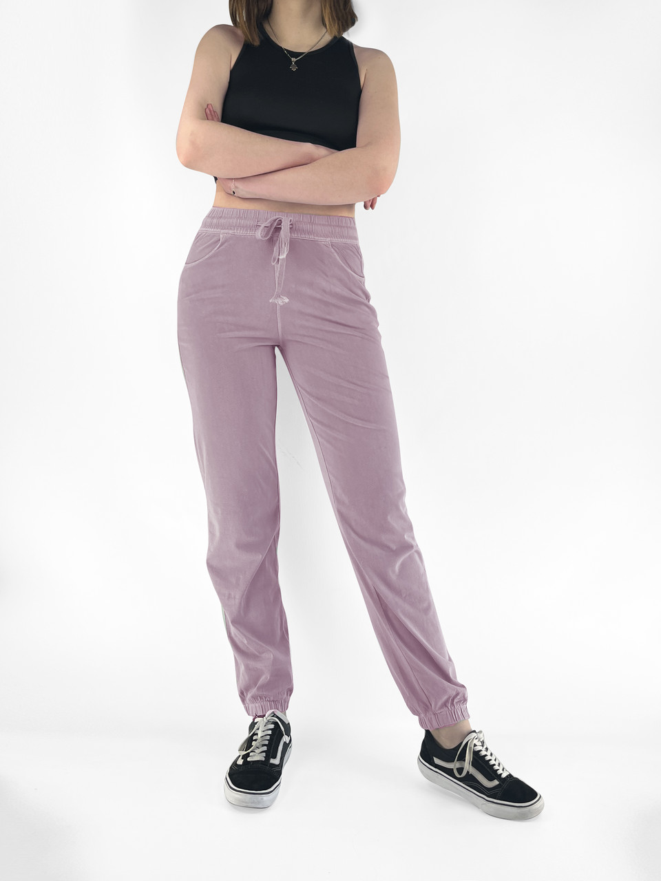 Джогери жіночі літні Штани вільні на гумці літній джинс Рожевий колір M/L