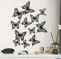 Бабочки 3D на стену на обои на шкаф на мебель на окно зеркальные черного бабочки 12 шт