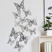 Бабочки 3D на стену на обои на шкаф на мебель на окно зеркальные серебряного бабочки 12 шт