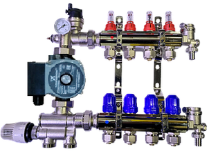 Колектори для теплої підлоги з нижнім підключенням в зборі з насосом