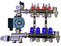 Коллектор для теплого пола на 4 контура с нижним подключением в сборе с насосом