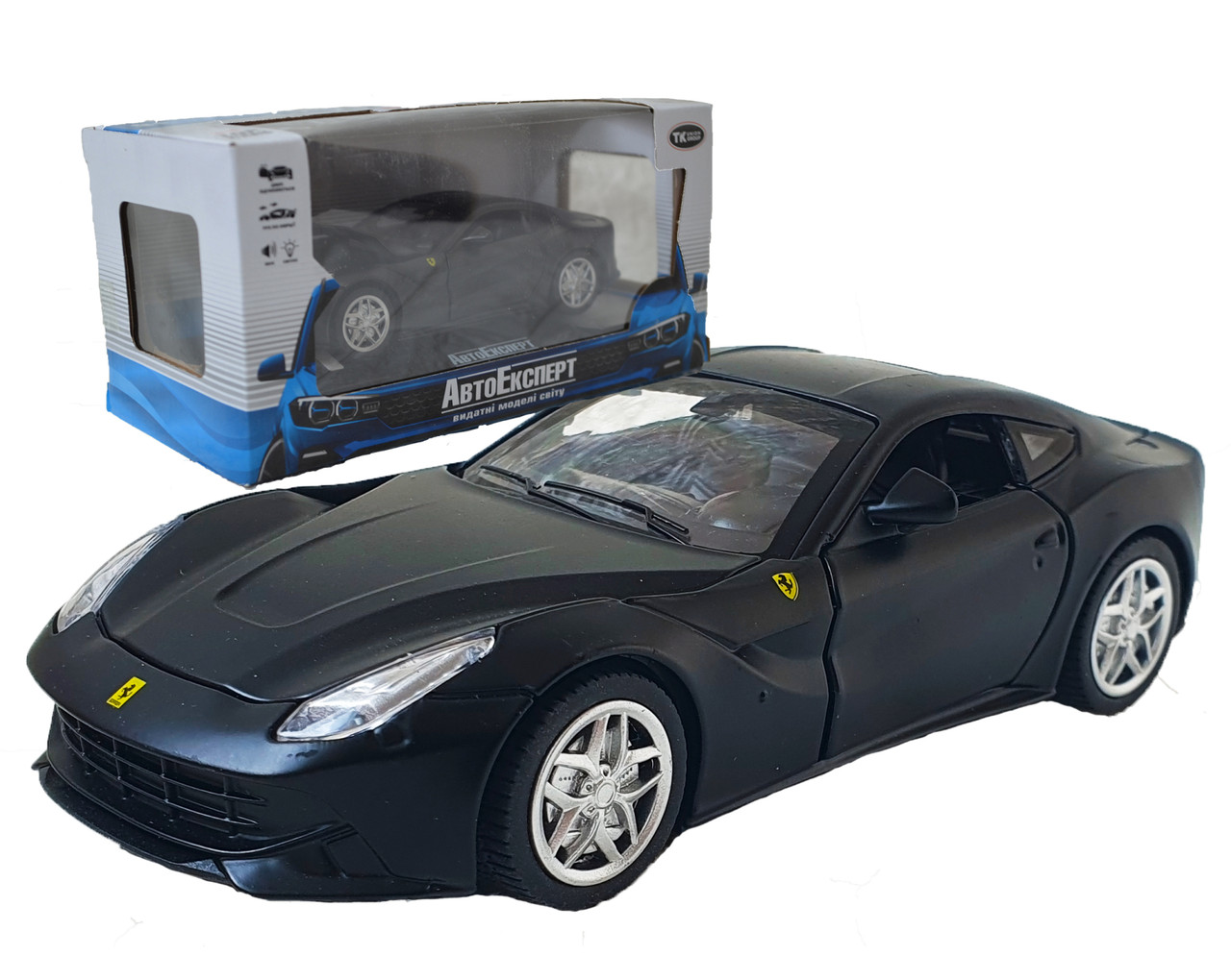 Іграшкова машинка металева Ferrari F12 Berlinetta АвтоЕксперт Феррари, чорна, звук, світло, інерція, відкр. двері, капот,, фото 1
