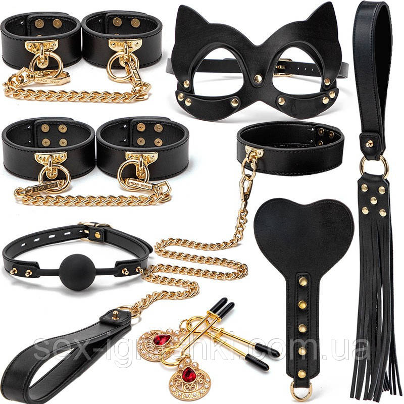 Елітний набір бдсм аксесуарів Golden Leather Bondage Kit 8 Pieces