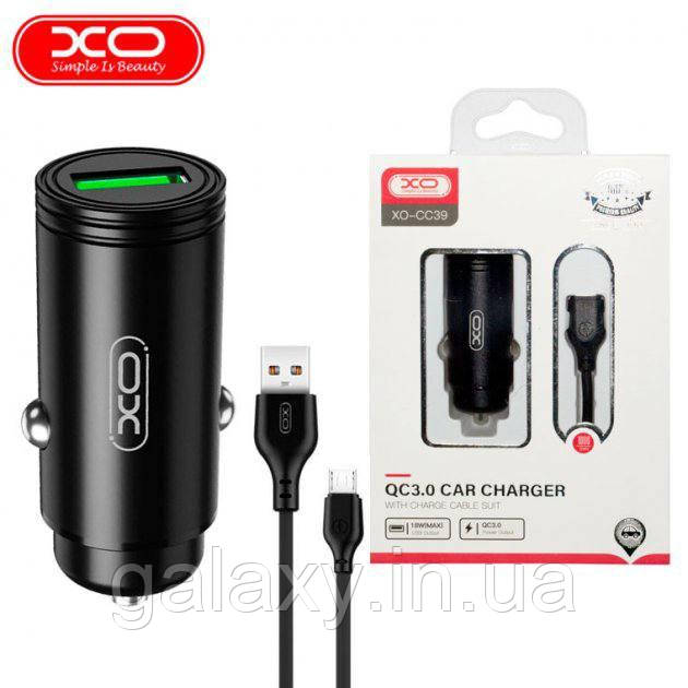Автомобільний зарядний пристрій XO QC3.0 1xUSB 18W + кабель Micro CC39 Black