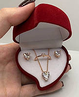 Солидный подарок девушке - набор "Алмазные сердечки в золоте" серьги кольцо колье ювелирный сплав в коробочке