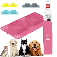 Складной коврик с 2 мисками (385х230х50 мм) для животных, WAUDOG Silicone, Розовый / Посуда для собак и котов