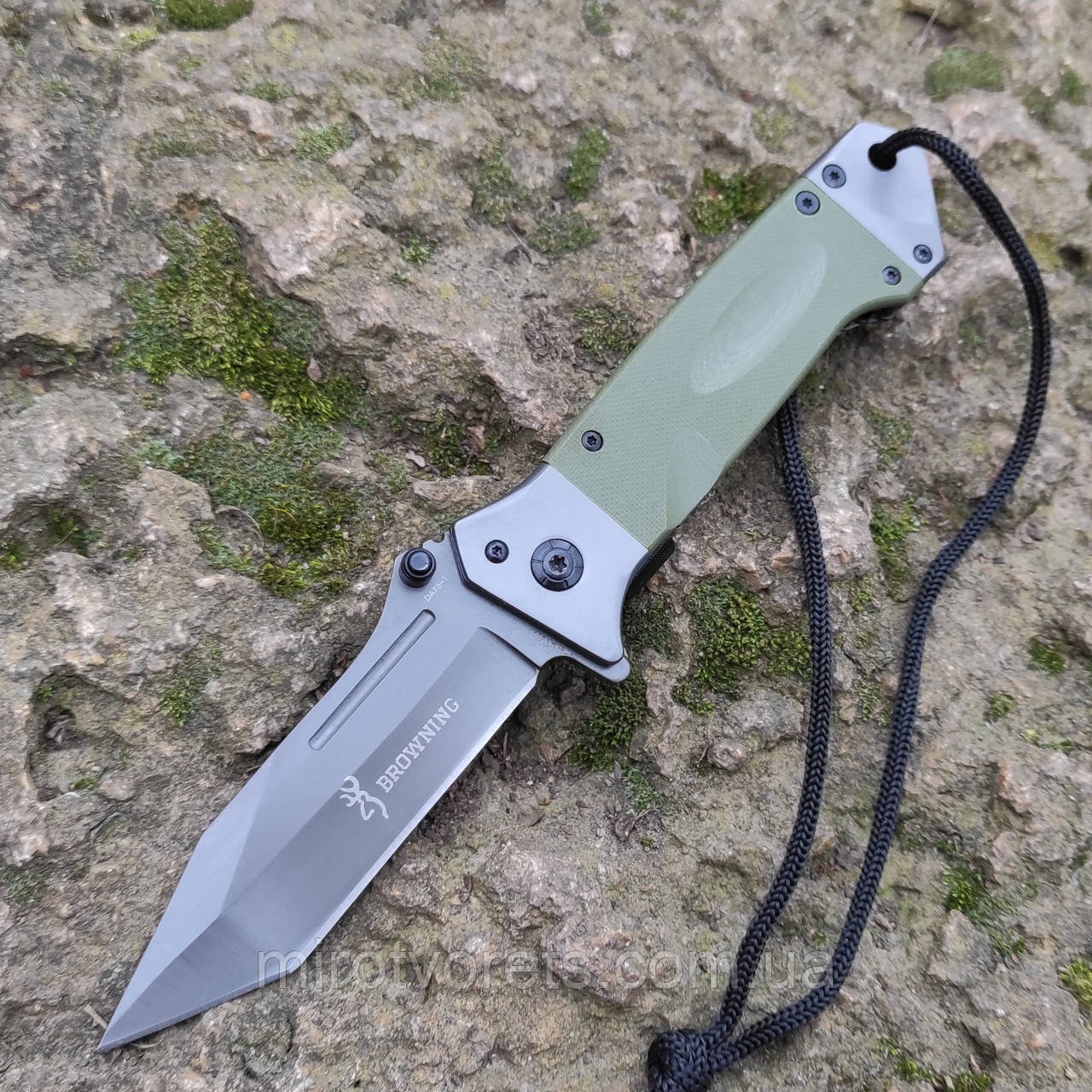 Ніж складаний інерційний Browning Tanto фліппер, олива G10+сталь, склобій, da73, шнур, фіксація гвинтів