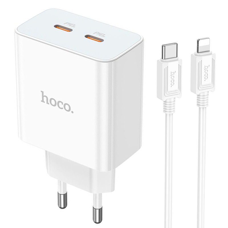 Зарядний пристрій із швидкою зарядкою + кабель Lightning Apple iphone HOCO C108A |2Type-C, 35W/3A, PD/QC| Білий
