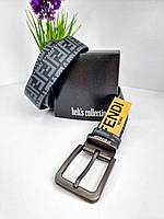 Кожаный ремень Fendi Фенди 3.5 см, ремни с логотипом, брендовые ремни, ремень мужской Серый