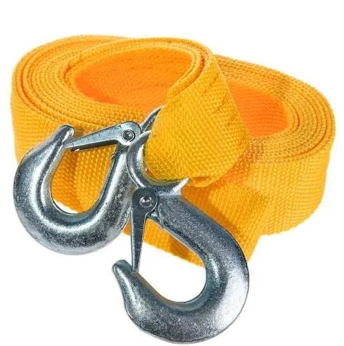 Трос буксирувальний 5 т для автомобіля жовтогарячий, ремінь для буксирування авто 65 мм 4 м із двома гаками, фото 1