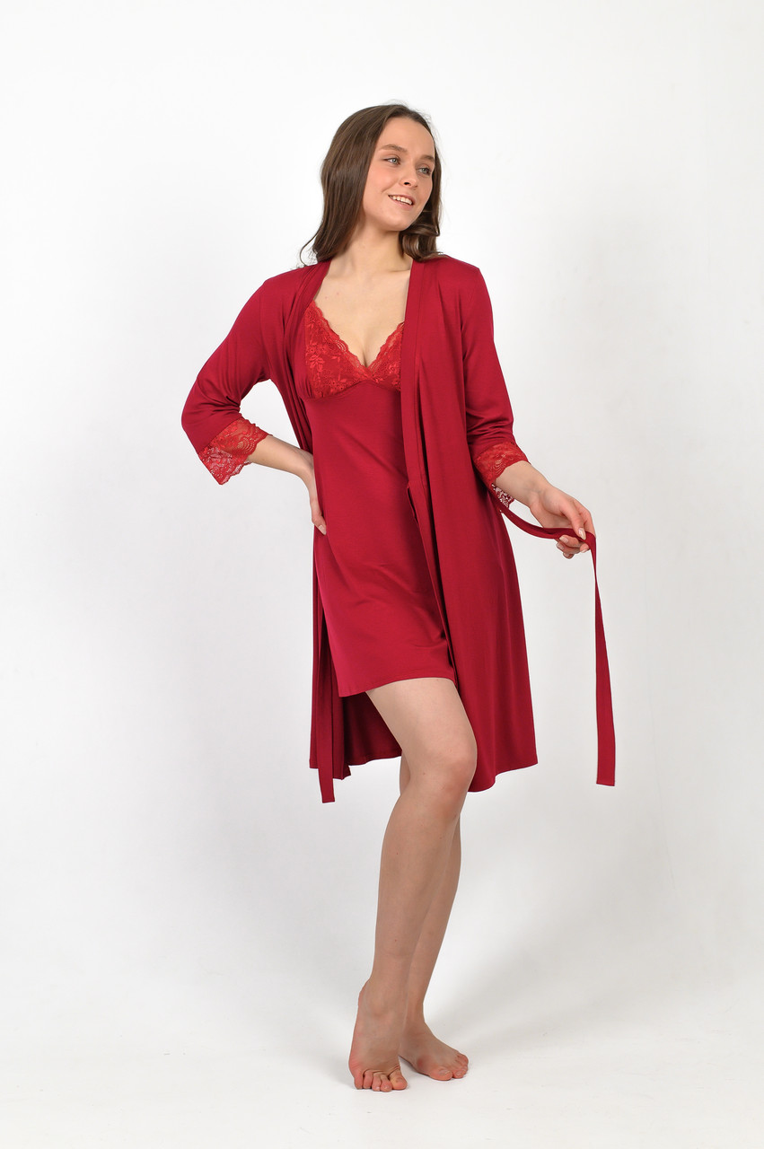 Домашний женский комплект халат и ночнушка из вискозы с кружевом. Есть большие размеры БАТАЛ XL - фото 1 - id-p1645867035