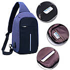 Сумка-рюкзак через плече (31х18х10см), з USB-зарядкою, 1702, Синій / Однолямковий міський рюкзак антизлодій, фото 7