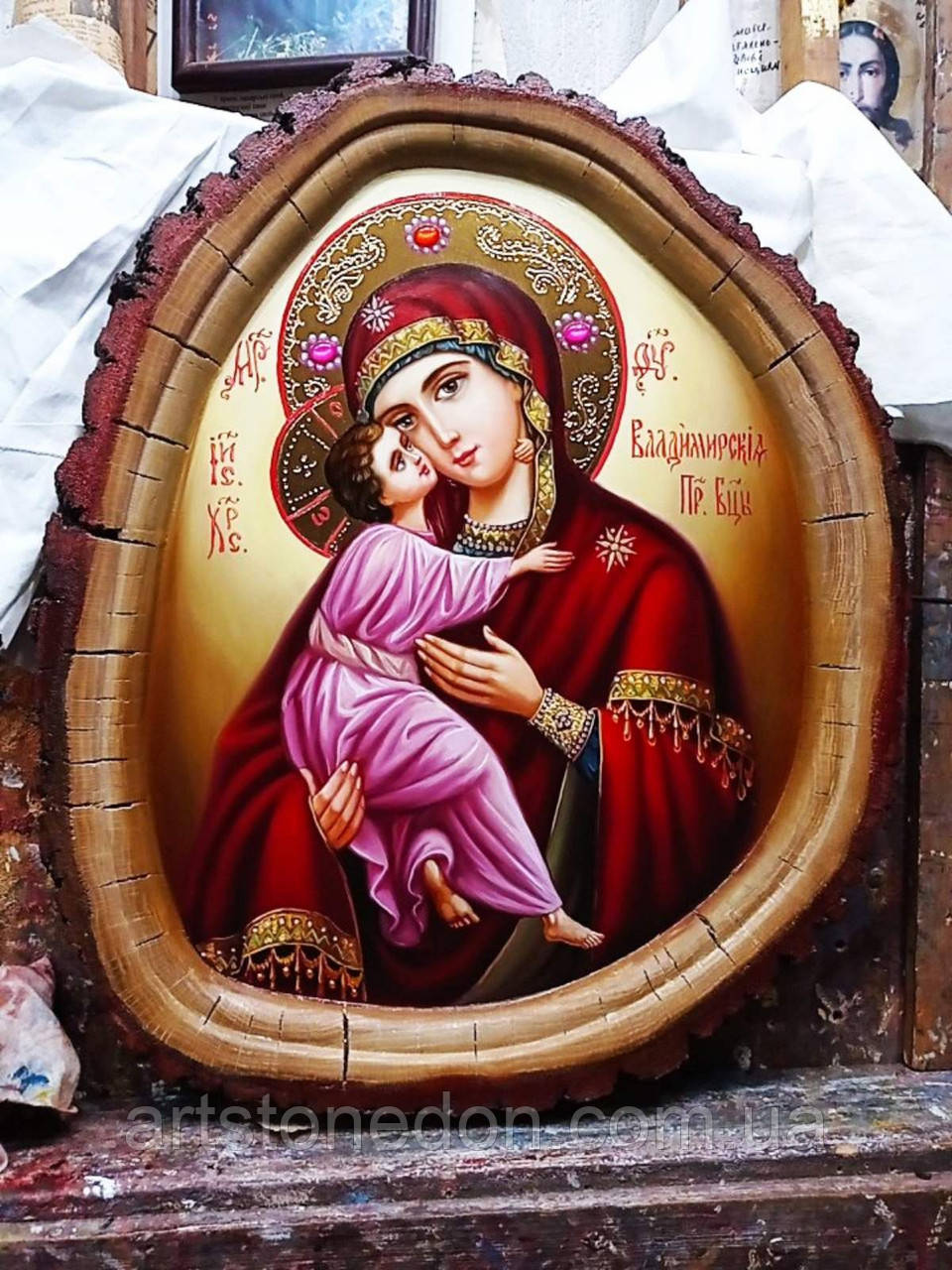 Ікона писана на дубовій дошці Володимирівська Пресвята Богородиця