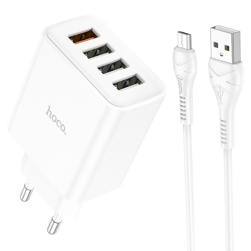 Зарядний пристрій (зарядка) для телефону Hoco C102A 4хUSB + кабель Micro-USB Білий (6931474777737)