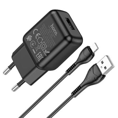 Зарядний пристрій (зарядка) для телефону Hoco C96A 1хUSB + кабель Lightning Чорний (6931474765987), фото 1