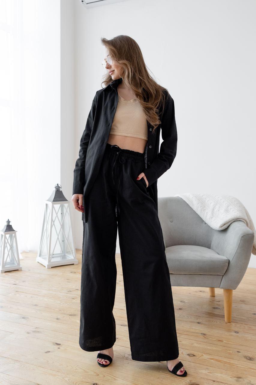 Жіноча піжама з брюками костюм двійка лляний колір чорний розмір S 20620х, фото 1