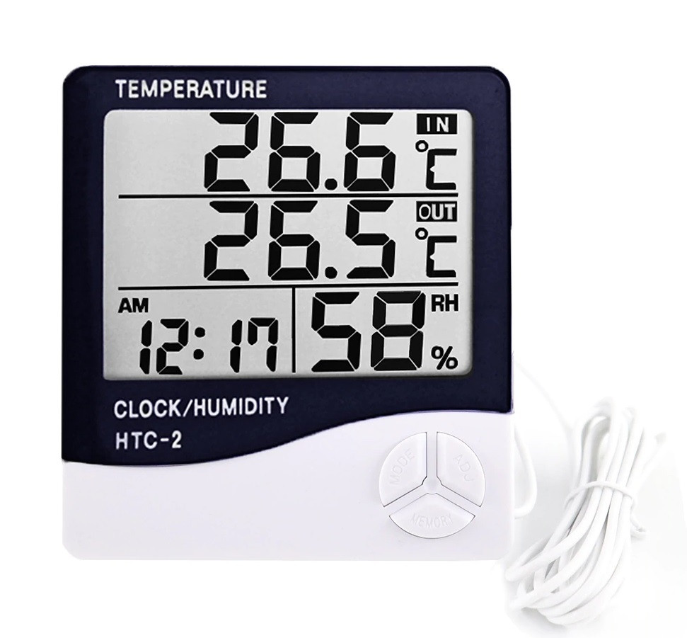 Електронний кімнатний термометр цифровий HTC-2 гігрометр метеостанція годинник виносний датчик