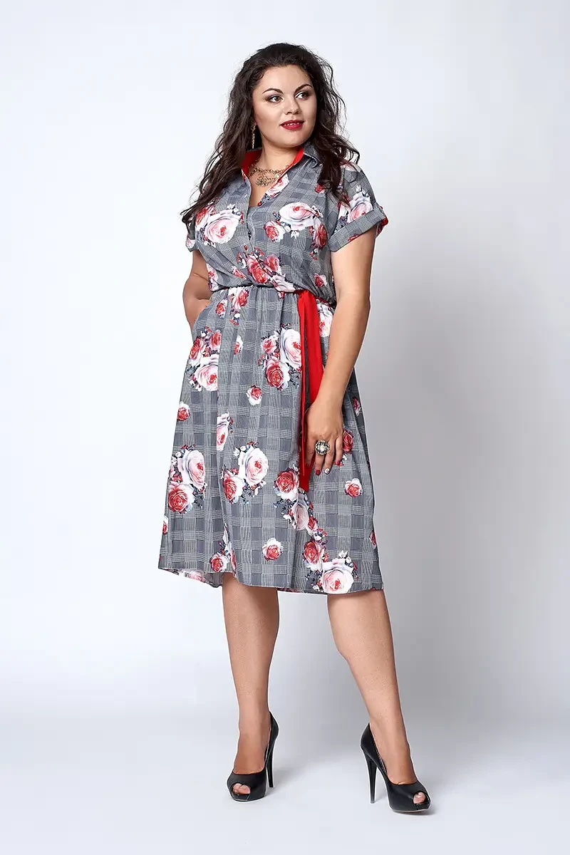 Літнє плаття в клітинку 567-1 принт червона троянда 50,52,54,56 р-р, фото 1